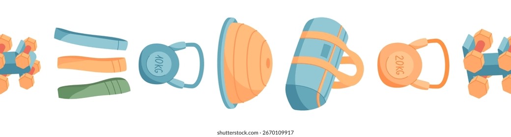 Flat colorful seamless border with gym equipment pattern. Pattern includes dumbbell, kettlebell, and workout bag. Ideal for fitness decor, exercise frames, or sport designs.