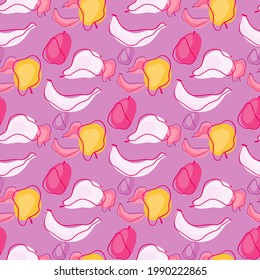 Patrón liso y sin costuras con frutos de verano: bananas, manzanas, ciruelas y peras. Lilac fondo. Impresión aleatoria. Diseñado para el diseño de tejidos, impresión textil, envoltura, cubierta. Ilustración vectorial.