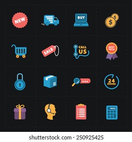 Flat colorful shop icons on black