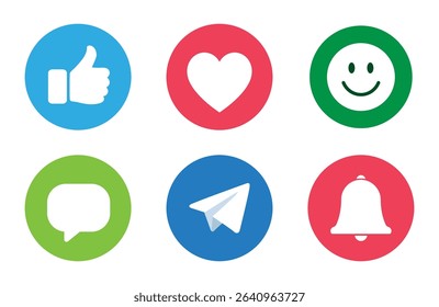 Flat colorful social icons set with thumbs up, heart, smile, chat bubble, send, and bell symbol. vector, love, heart, icons.