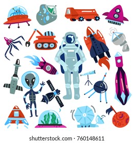 Flat colorful space icons set with spaceships aliens and astronaut isolated on white background vector illustration