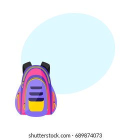 Flat colorful sport style, tourist backpack, school bag, vector illustration with space for text.
