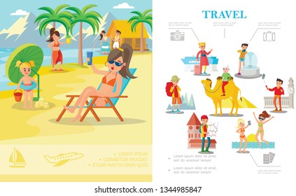 Flat colorful summer vacation concept with people relax on tropical beach and tourists traveling around the world vector illustration