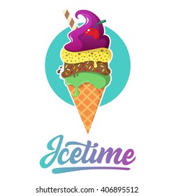 Flat colorful tasty Ice cream isolated on white background