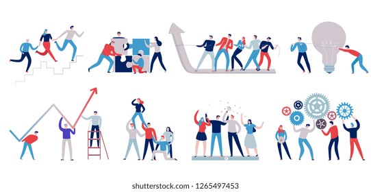 Flat colorful teamwork icons set with staff working together isolated vector illustration