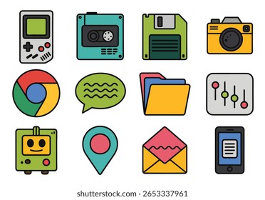Flat Colorful Technology and Communication Icon Set – Vector UI Elements and Retro Gadgets