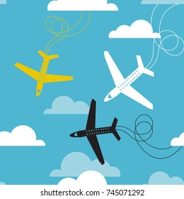 Flat, colorful travel background, seamless pattern. Airplanes silhouettes on sky blue background with trails and clouds. Vector illustration