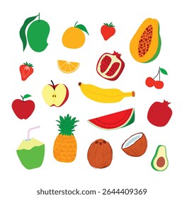 Flat colorful tropical fruits vector set in EPS format. Includes banana, apple, mango, pomegranate, coconut, pineapple, and more. Perfect for food design, print, web, and packaging use. Tropical Fruit