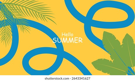 Folhas tropicais coloridas planas e plano de fundo da linha de curva para cartaz de verão e promoção de viagem