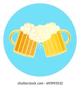 Flat colorful two beer glasses toast cheers symbol. Toasting foamy ale pints icon. Nice color traditional german oktoberfest beer holiday sign