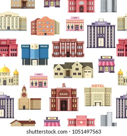 Flat colorful vector city buildings set. Icon seamless pattern. Architecture construction: courthouse, home, museum, skyscraper, hospital, hotel, opera, theater. Vector urban landscape.