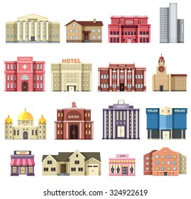 Flat colorful vector city buildings set. Icon background concept design. Architecture construction: courthouse, home, museum, skyscraper, hospital, hotel, opera, theater. Vector urban landscape