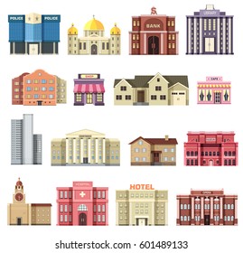 Flat colorful vector city buildings set. Icon background concept design. Architecture construction: courthouse, home, museum, skyscraper, hospital, hotel, opera, theater. Vector urban landscape