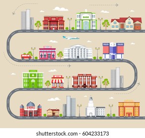 Flat colorful vector city buildings infographic Icon background concept design. Architecture construction: courthouse, home, museum, skyscraper, hospital, hotel, opera, theater. Vector urban landscape