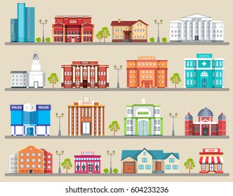 Flat colorful vector city buildings infographic Icon background concept design. Architecture construction: courthouse, home, museum, skyscraper, hospital, hotel, opera, theater. Vector urban landscape