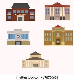 Flat colorful vector city buildings set.