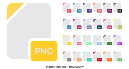 Flat colorful vector file format icons set isolated on white, document type flat icons. File format icons