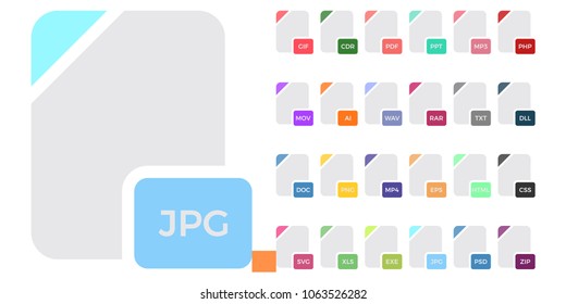 Flat colorful vector file format icons set isolated on white, document type flat icons. File format icons