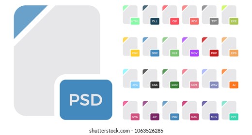 Flat colorful vector file format icons set isolated on white, document type flat icons. File format icons