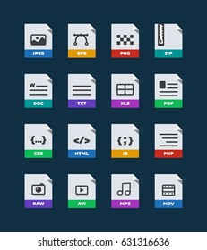 Flat colorful vector file format icons set isolated on dark, document type flat icons. File format icons with images. 