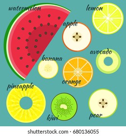 Flat colorful vector fruits split across in a half. Nice summer tropical fruits for design, cooking and shop illustrations, banners, surface, paper, package