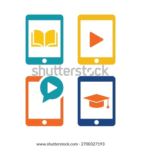 Flat colorful vector icons of tablets displaying play buttons, open book, and graduation cap. Symbolizing e-learning, mobile education, digital study, and online training.