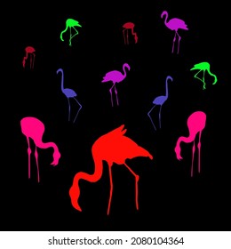 ilustración vectorial plana de diferentes tamaños de flamencos en colores neones sobre fondo negro. Concepto tropical, vida salvaje