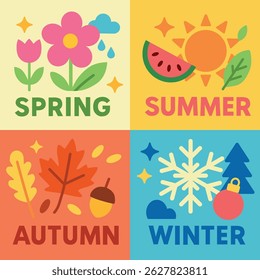Flat colorful vector illustration of four seasons: spring, summer, autumn, and winter. Perfect for educational materials, kids' designs, calendars, posters, and seasonal marketing content