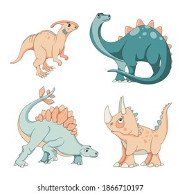 Ilustración vectorial plana de pequeños dinosaurios lindos aislados en fondo blanco. Triceratops, T-rex, diplodocuments, estegosaurio. Animales prehistóricos