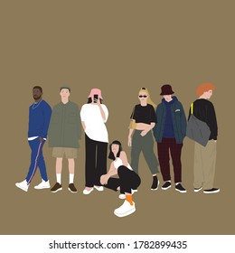 Flat colorful vector illustration outfit streetwear.