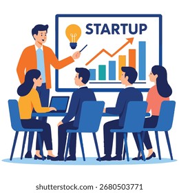 Ilustración vectorial plana y colorida de un equipo de startups trabajando juntos durante una reunión de negocios, presentando ideas y gráficos de crecimiento. Perfecto para la innovación, el espíritu empresarial, el trabajo en equipo y el éxito de la oficina