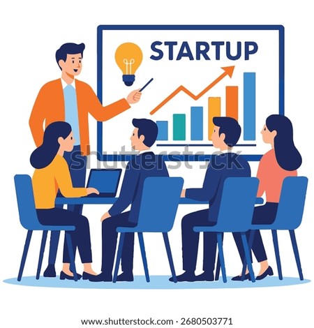 Flat colorful vector illustration of a startup team working together during a business meeting, presenting ideas and growth charts. Perfect for innovation, entrepreneurship, teamwork, and office succe