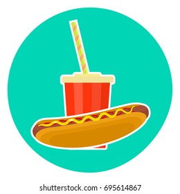 Flat colorful vector lovely fast food couple - cola and hotdog. Cute fastfood symbol for cafe, bar, restaurant menu and web design