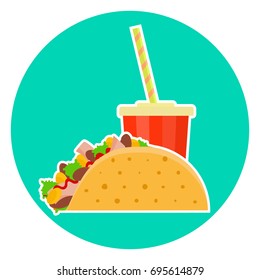Flat colorful vector lovely fast food couple - cola and mexican taco. Cute fastfood tacos symbol for cafe, bar, restaurant menu and web design