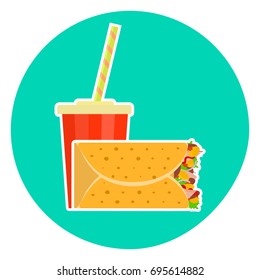 Flat colorful vector lovely fast food couple - cola and mexican burrito. Cute fastfood symbol for cafe, bar, restaurant menu and web design