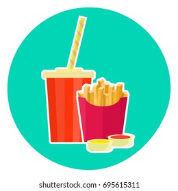 Flat colorful vector lovely fast food couple - cola and french fries. Cute fastfood symbol for cafe, bar, restaurant menu and web design