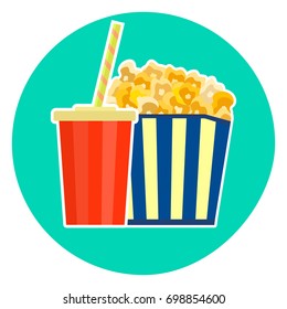 Flat colorful vector lovely fast food couple - cola and yellow caramelized popcorn. Cute fastfood symbol for cafe, bar, restaurant menu and web design