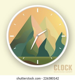 Flat colorful vector nature mountain clock.Icons background concept design