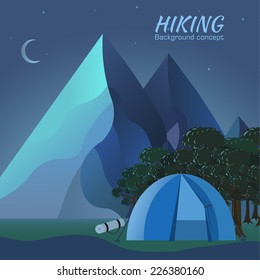 Flat colorful vector night tourism camping set.Icons background concept design