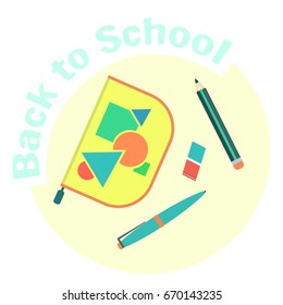 Flat colorful vector pen case, pencil, pen and eraser. School pencil box and equipment. Pen-case with school supplies. Cute cartoon study symbol