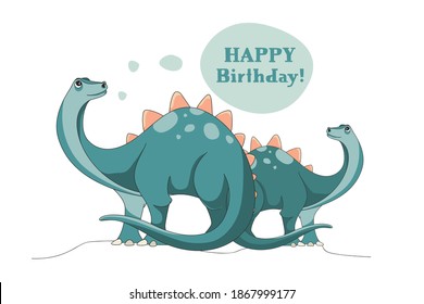 Flat colorful vector postcard of two dinosaurus with balloons on the Happy Birthday. Jurassic world illustration. Little cute dinosaurs isolated on white background. Holidays prehistoric animals