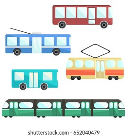 Flat colorful vector public transport set, public service vehicle, municipal mass transport