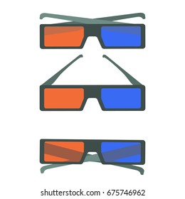 Flat colorful vector set of black 3d cinema glasses icons. 3d cinema glasses with red and blue lens and gray frame. Cartoon movie glasses for design, logotype, banners, prints
