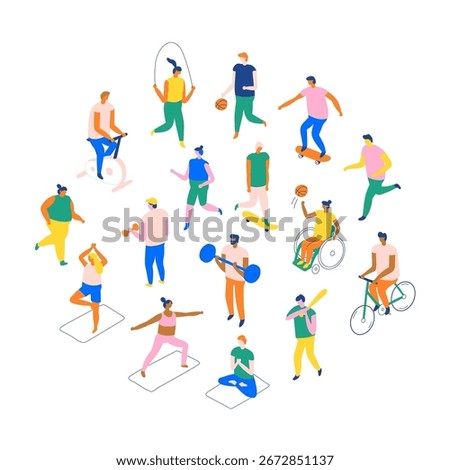 Flat colorful vector set of sport activities. Modern minimal characters running, cycling, fitness, yoga, basketball, skating, and healthy lifestyle training.