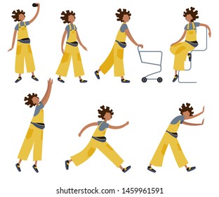 Flat colorful vector set of young girl character poses and movements.

