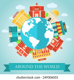 Flat colorful vector sity around of the world buildings. Icon background concept 