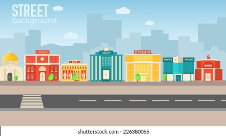 Flat colorful vector sity buildings set. Icons background concept design