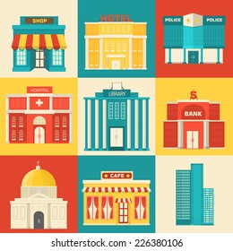 Flat colorful vector sity buildings set. Icons background concept design