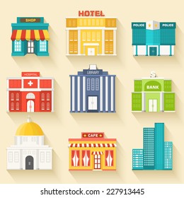 Flat colorful vector sity buildings set. Icon background concept design