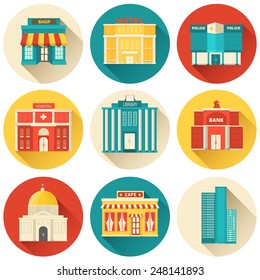 Flat colorful vector sity buildings set. Icon background concept design